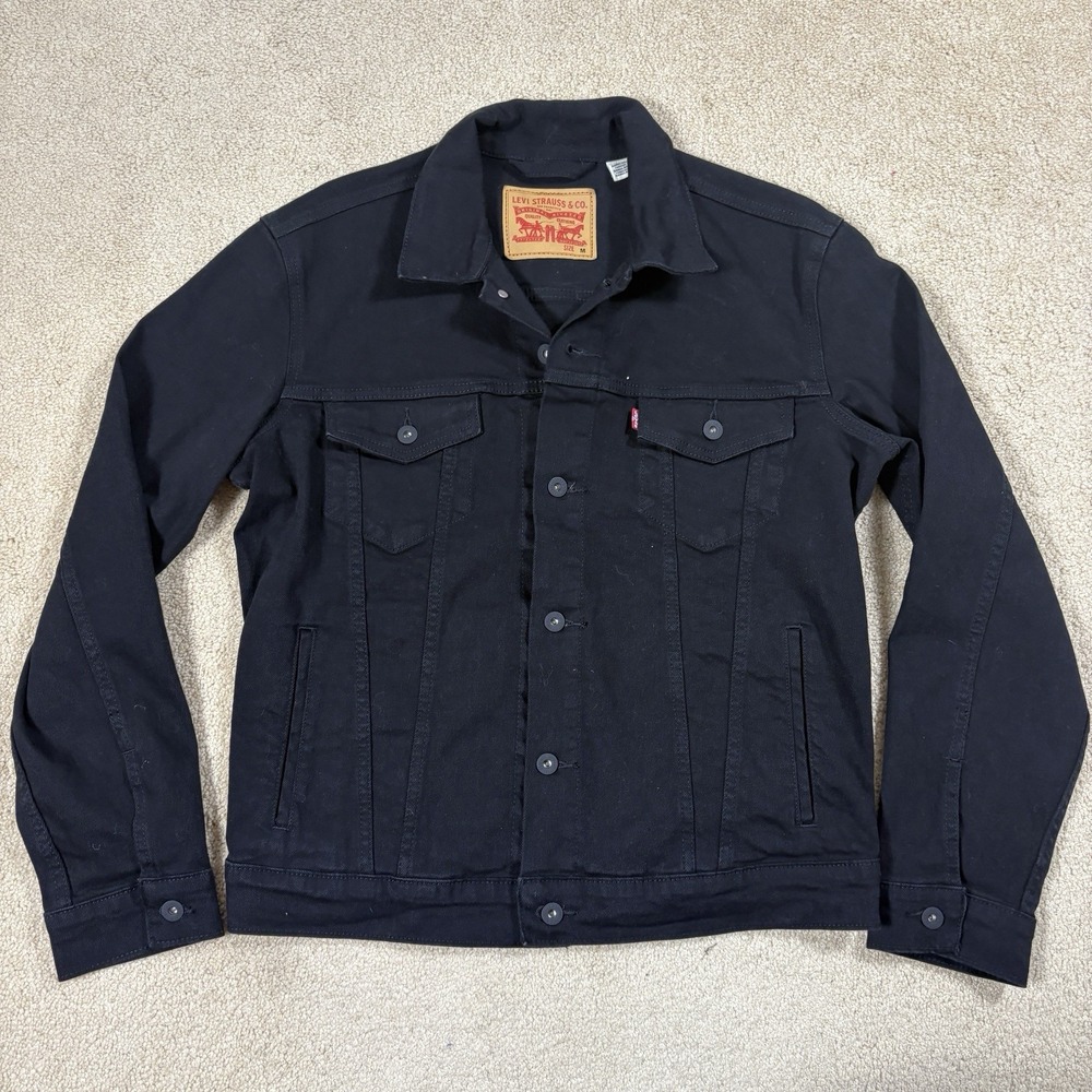 Levis Trucker Denim Jacket Mens Medium Solid Black Jean Button Front Coat 72334